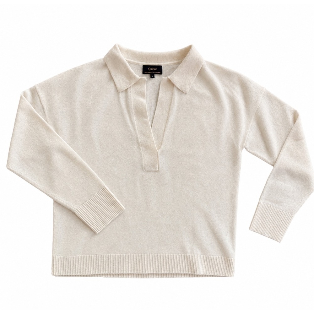 Quince 100% Mongolian Cashmere Polo Sweater Women Small Ivory Johnny Collar